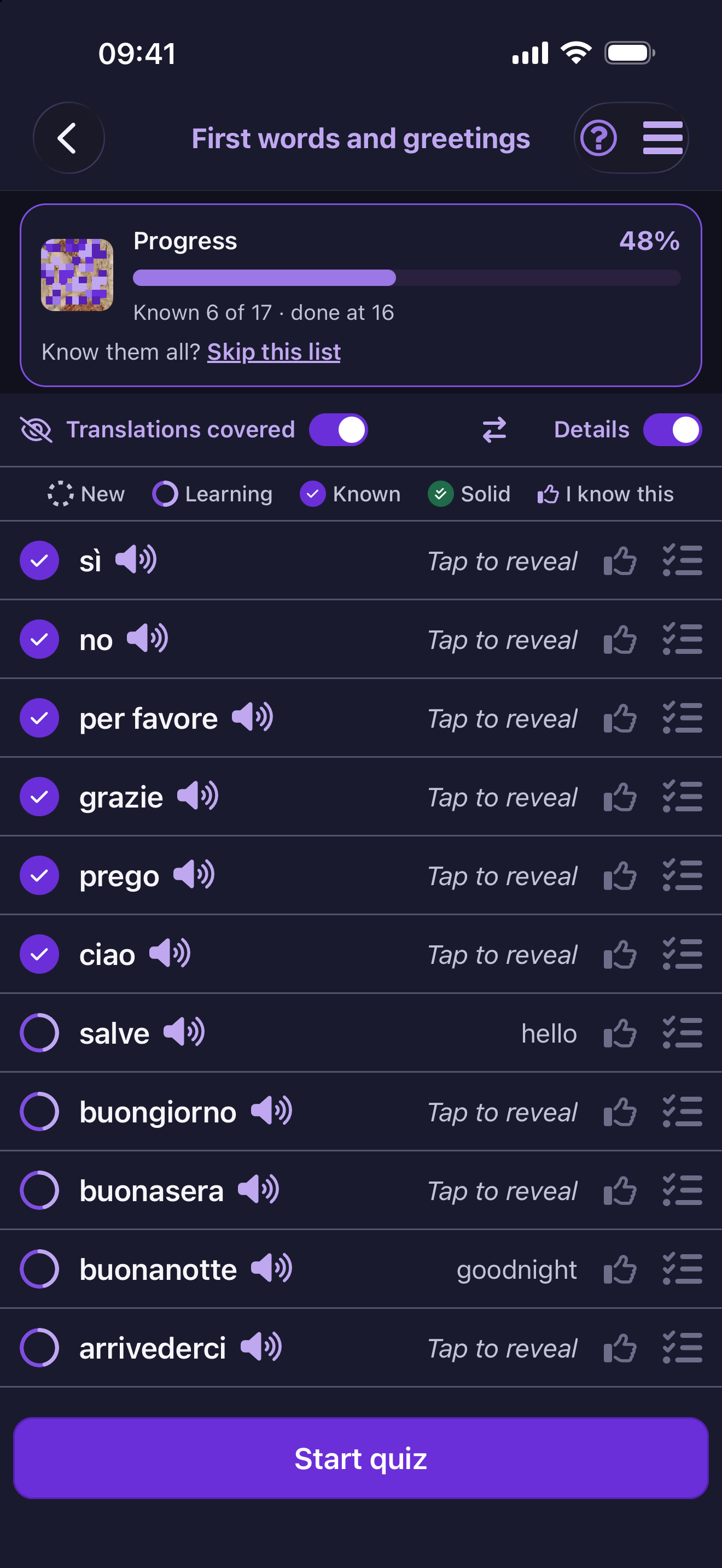 Gwistix Italian word list in dark mode