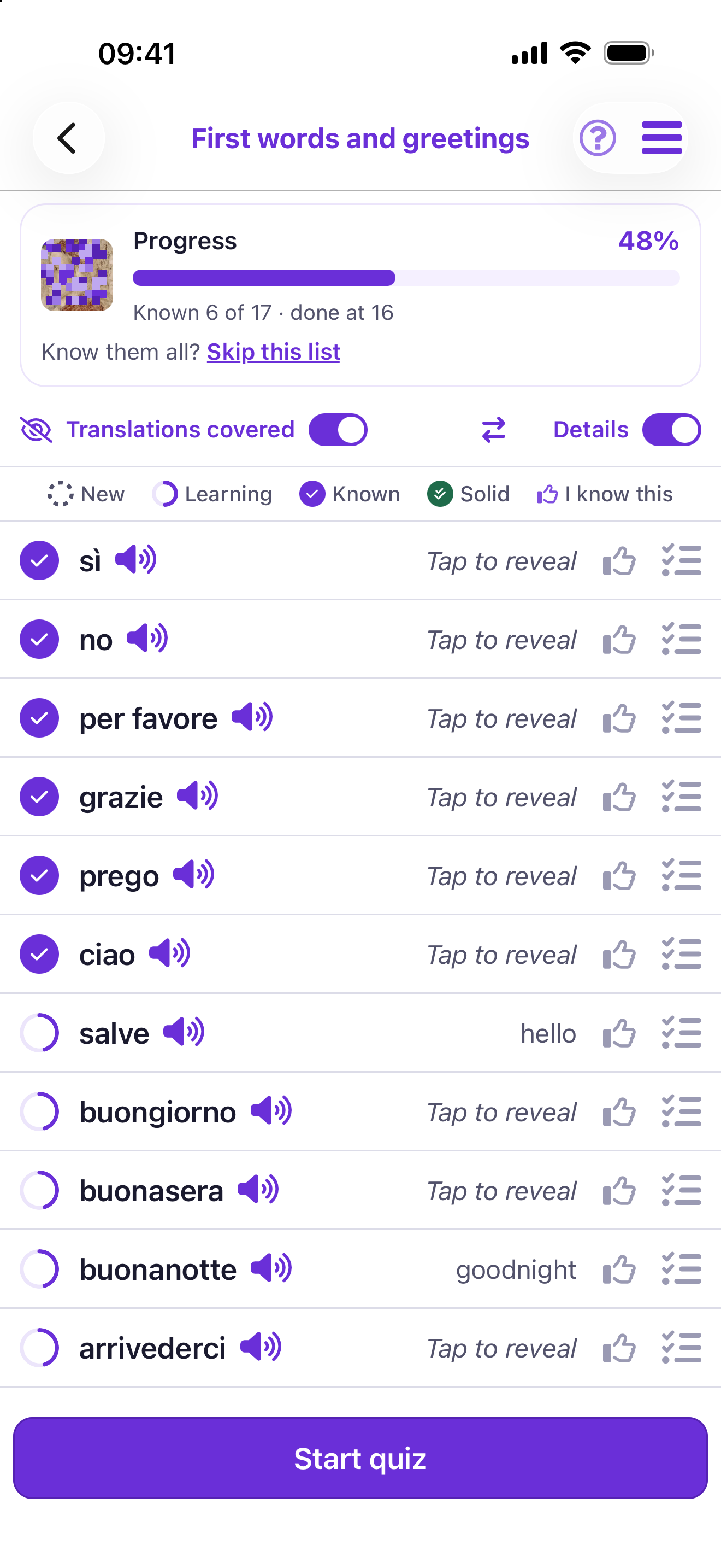 Gwistix Italian word list with progress, audio and a skip option