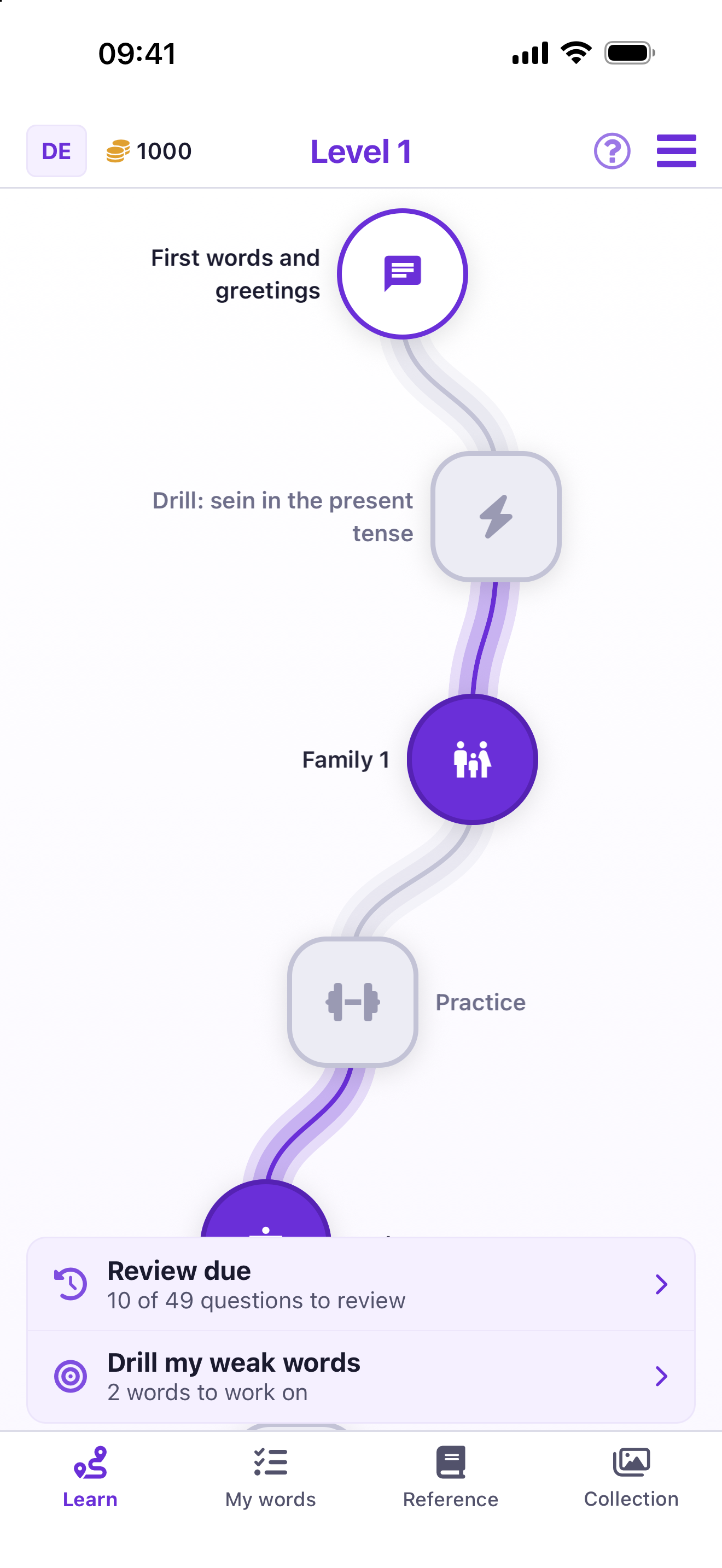 Gwistix learning path with word lists, practice and review due